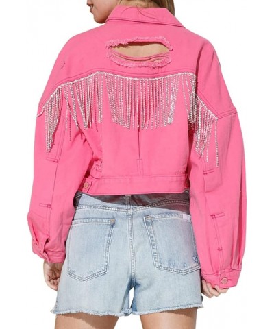 Womens Cropped Rhinestone Fringe Denim Jacket Long Sleeve Ripped Tassel Jean Coat Red $12.99 Jackets