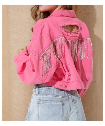 Womens Cropped Rhinestone Fringe Denim Jacket Long Sleeve Ripped Tassel Jean Coat Red $12.99 Jackets