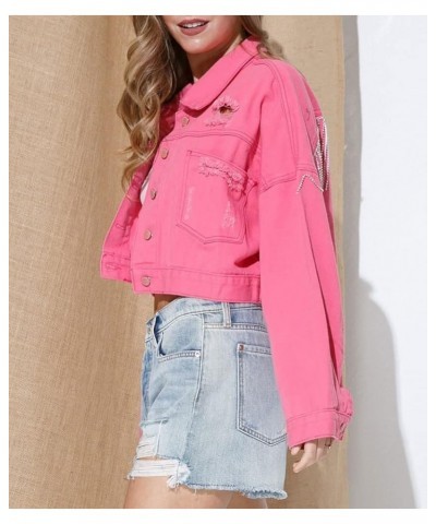 Womens Cropped Rhinestone Fringe Denim Jacket Long Sleeve Ripped Tassel Jean Coat Red $12.99 Jackets