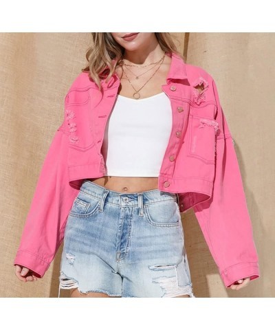 Womens Cropped Rhinestone Fringe Denim Jacket Long Sleeve Ripped Tassel Jean Coat Red $12.99 Jackets