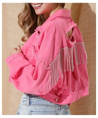 Womens Cropped Rhinestone Fringe Denim Jacket Long Sleeve Ripped Tassel Jean Coat Red $12.99 Jackets