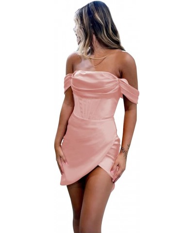 Satin Homecoming Dresses for Teens Short Prom Dress Mermaid Off The Shoulder Formal Evening Gown Blush Pink $22.00 Dresses