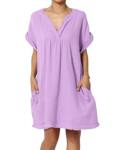 Women's Casual Loose Short Sleeve V Neck Cotton Gauze Babydoll Shift Mini Dress Bright Lavender $15.18 Dresses