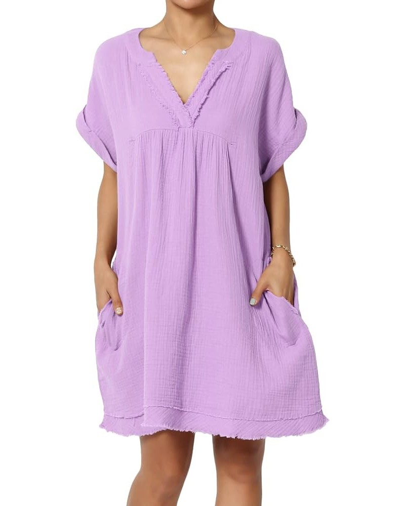 Women's Casual Loose Short Sleeve V Neck Cotton Gauze Babydoll Shift Mini Dress Bright Lavender $15.18 Dresses