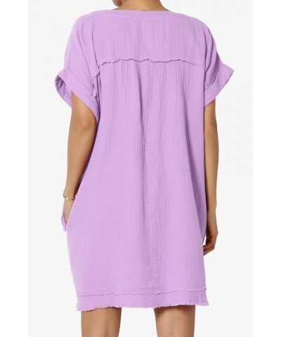 Women's Casual Loose Short Sleeve V Neck Cotton Gauze Babydoll Shift Mini Dress Bright Lavender $15.18 Dresses