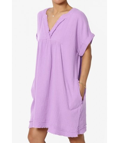 Women's Casual Loose Short Sleeve V Neck Cotton Gauze Babydoll Shift Mini Dress Bright Lavender $15.18 Dresses