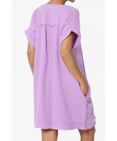 Women's Casual Loose Short Sleeve V Neck Cotton Gauze Babydoll Shift Mini Dress Bright Lavender $15.18 Dresses