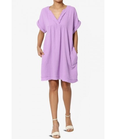 Women's Casual Loose Short Sleeve V Neck Cotton Gauze Babydoll Shift Mini Dress Bright Lavender $15.18 Dresses