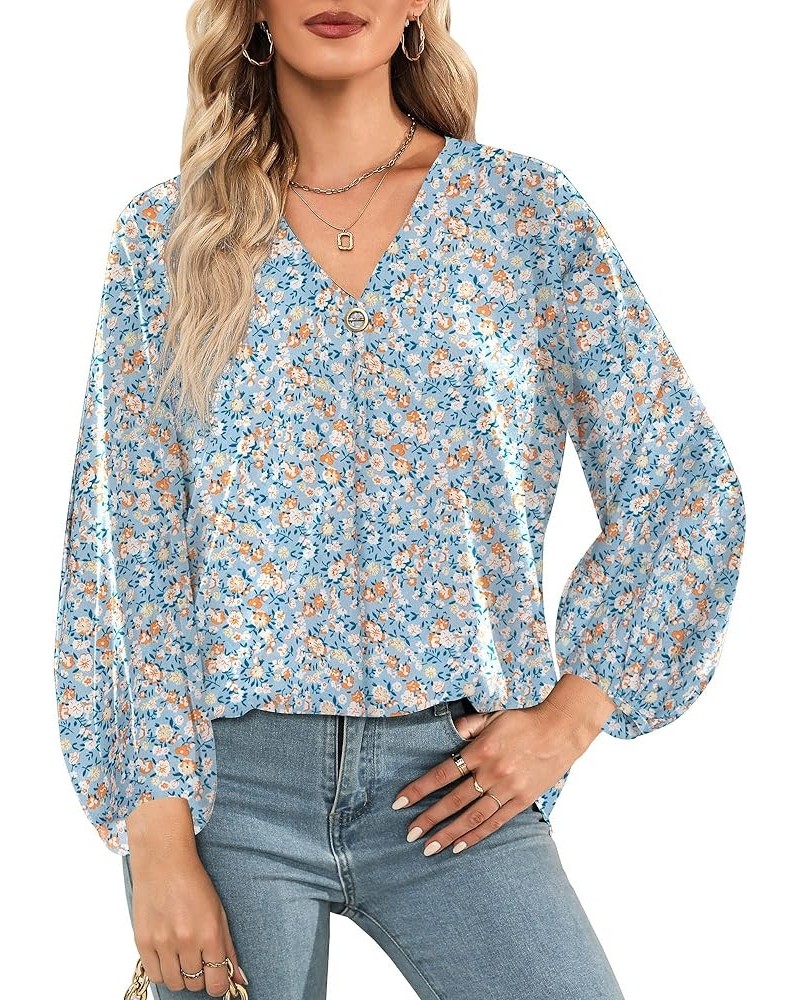 Women V Neck Floral Print Loose Shirt Lightweight Long Sleeve Blouse Tops F-02 $9.35 Blouses