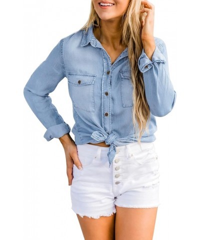 Denim Shirt Women Chambray Jean Western Shirts Long Sleeve Button Down Tops A Helium Blue $18.27 Blouses