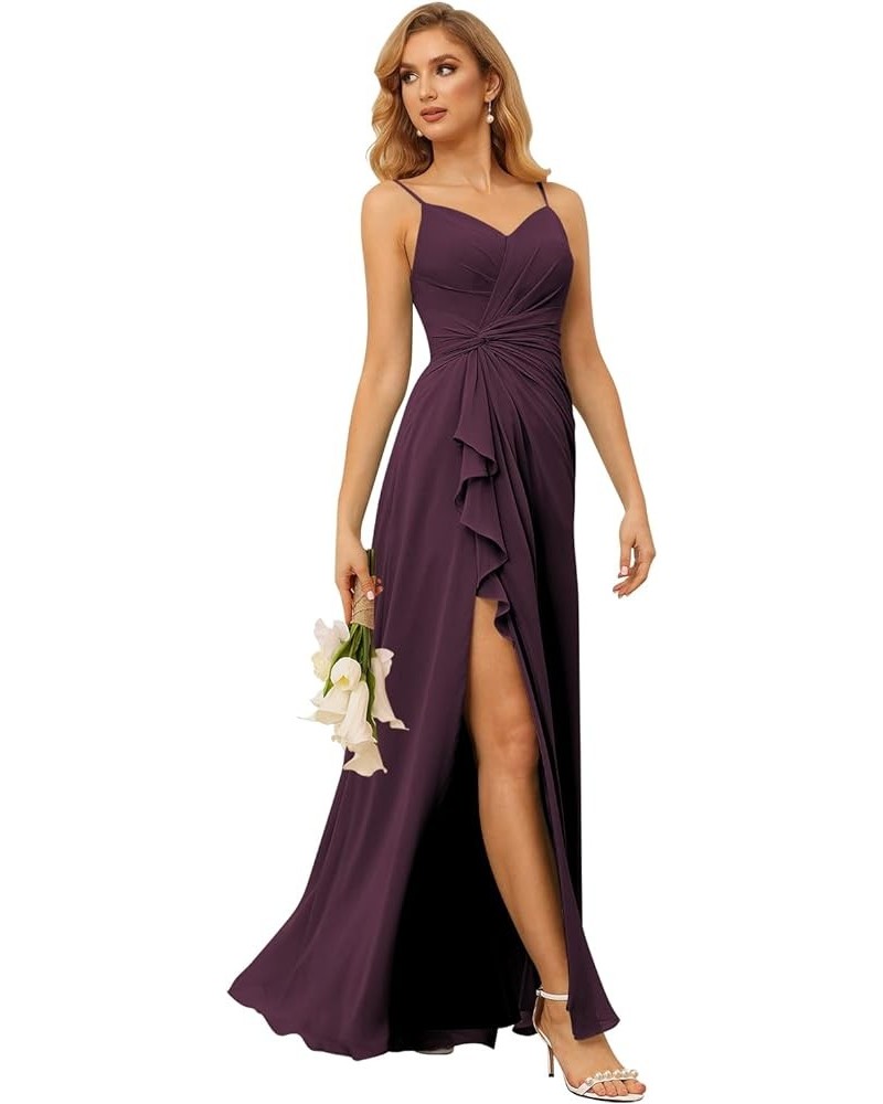 V Neck Spaghetti Straps Bridesmaid Dresses Long with Slit Ruched Chiffon A-Line Formal Dress for Women Plum $31.31 Dresses