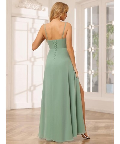 V Neck Spaghetti Straps Bridesmaid Dresses Long with Slit Ruched Chiffon A-Line Formal Dress for Women Plum $31.31 Dresses