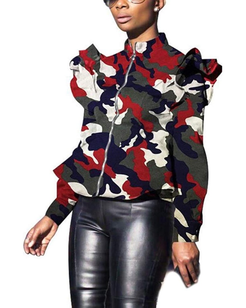 Camouflage Print Jacket for Women Ruffle Long Sleeve Full Zipper Biker Jacket Spring Casual Short Coat,Wine red,3XL Large Win...