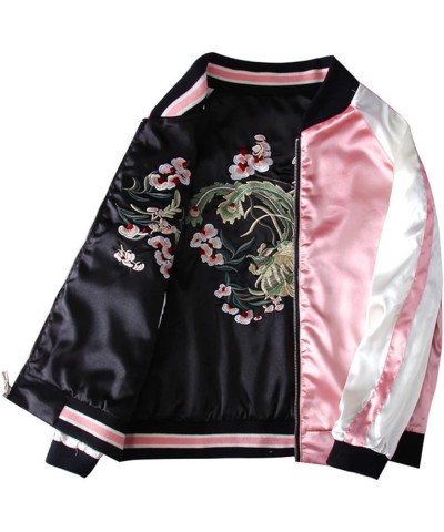 Floral Satin Harajuku Embroidery Baseball Jacket Women Double Sided Bomber Coat,Pink,S X-Small Pink $43.61 Jackets