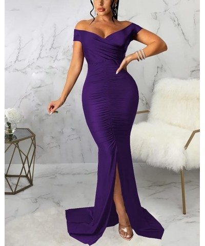 Women's Sexy Off Shoulder Dress V Neck High Split Long Formal Party Maxi Floor Dresses Evening Gown 6indigo Blue Purple $18.0...