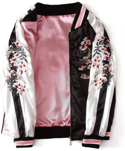 Floral Satin Harajuku Embroidery Baseball Jacket Women Double Sided Bomber Coat,Pink,S X-Small Pink $43.61 Jackets