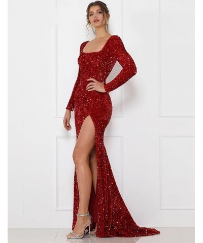 Women's Sparkly Sequin Mermaid Prom Dresses Long with Slit Long Sleeve 2024 Glitter Formal Evening Party XOD04 A-square Neck-...