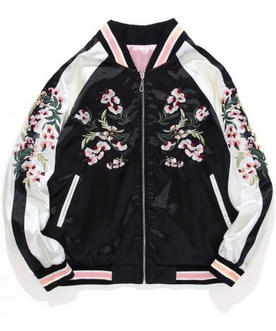 Floral Satin Harajuku Embroidery Baseball Jacket Women Double Sided Bomber Coat,Pink,S X-Small Pink $43.61 Jackets