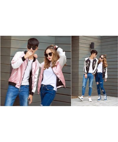 Floral Satin Harajuku Embroidery Baseball Jacket Women Double Sided Bomber Coat,Pink,S X-Small Pink $43.61 Jackets