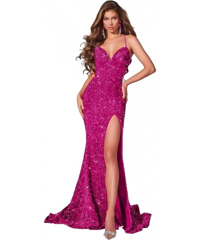 Sequin Prom Dresses for Women Long Mermaid Spaghetti Straps Backless Formal Evening Gowns with Slit Fuchsia $29.00 Dresses