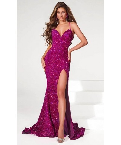 Sequin Prom Dresses for Women Long Mermaid Spaghetti Straps Backless Formal Evening Gowns with Slit Fuchsia $29.00 Dresses