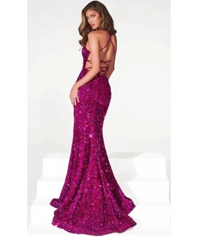 Sequin Prom Dresses for Women Long Mermaid Spaghetti Straps Backless Formal Evening Gowns with Slit Fuchsia $29.00 Dresses