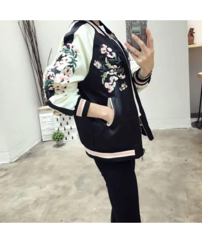 Floral Satin Harajuku Embroidery Baseball Jacket Women Double Sided Bomber Coat,Pink,S X-Small Pink $43.61 Jackets