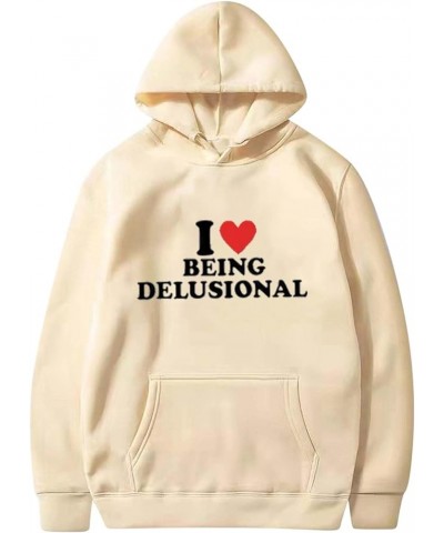 Womens Long Sleeve Hoodie I Love Being Delusional Sweatshirt Fashion Heart Print Tops Holiday Valentine Pullover Shirt Khaki ...