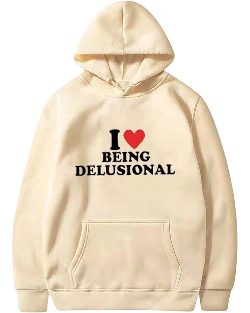 Womens Long Sleeve Hoodie I Love Being Delusional Sweatshirt Fashion Heart Print Tops Holiday Valentine Pullover Shirt Khaki ...