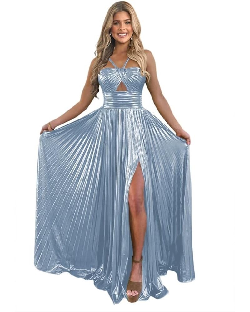 Metallic Sparkly Satin Prom Dress with Slit for Women Halter Pleated Evening Formal Gown YZTS136 A Dusty Blue $43.15 Dresses