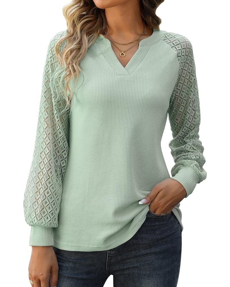 Long Sleeve Shirts for Women Casual Dressy Blouse Tops 2024 Spring Fashion T-Shirts Light Green - Lace Sleeve $11.25 Blouses