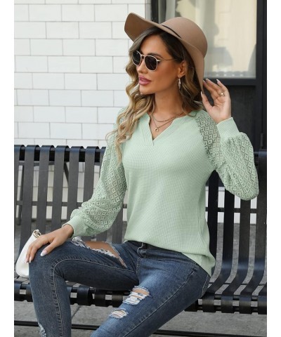 Long Sleeve Shirts for Women Casual Dressy Blouse Tops 2024 Spring Fashion T-Shirts Light Green - Lace Sleeve $11.25 Blouses