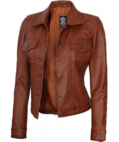 Leather Jacket Women - Real Lambskin Motorcycle Style Black Leather Jackets Fernando - Cognac Wax Trucker Jackets $66.88 Coats