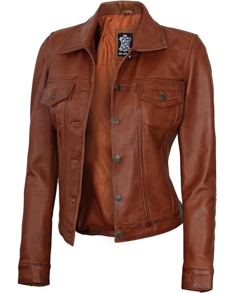 Leather Jacket Women - Real Lambskin Motorcycle Style Black Leather Jackets Fernando - Cognac Wax Trucker Jackets $66.88 Coats