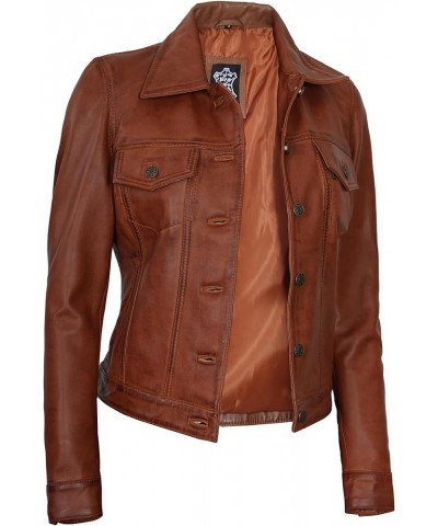 Leather Jacket Women - Real Lambskin Motorcycle Style Black Leather Jackets Fernando - Cognac Wax Trucker Jackets $66.88 Coats