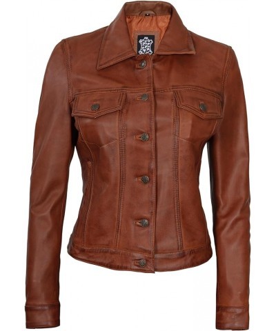 Leather Jacket Women - Real Lambskin Motorcycle Style Black Leather Jackets Fernando - Cognac Wax Trucker Jackets $66.88 Coats