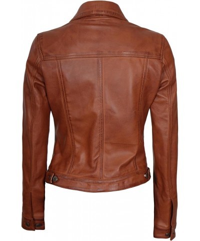 Leather Jacket Women - Real Lambskin Motorcycle Style Black Leather Jackets Fernando - Cognac Wax Trucker Jackets $66.88 Coats