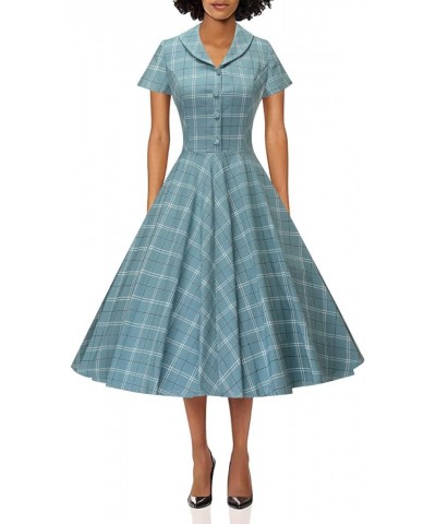 Women's 1950s Vintage Plaid&Dot Swing Tea Dress with Pockets Blue Plaid $22.87 Dresses