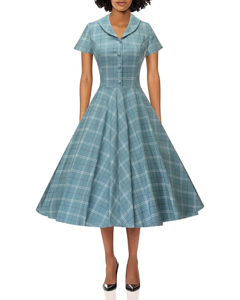 Women's 1950s Vintage Plaid&Dot Swing Tea Dress with Pockets Blue Plaid $22.87 Dresses