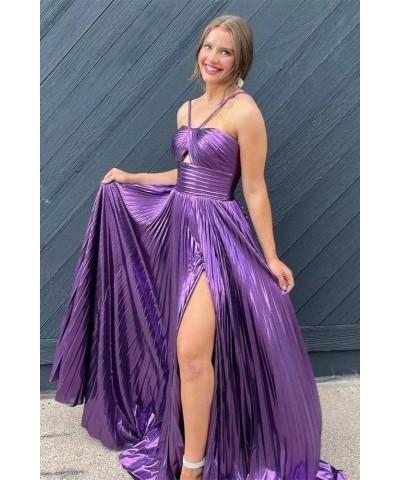 Metallic Sparkly Satin Prom Dress with Slit for Women Halter Pleated Evening Formal Gown YZTS136 A Dusty Blue $43.15 Dresses