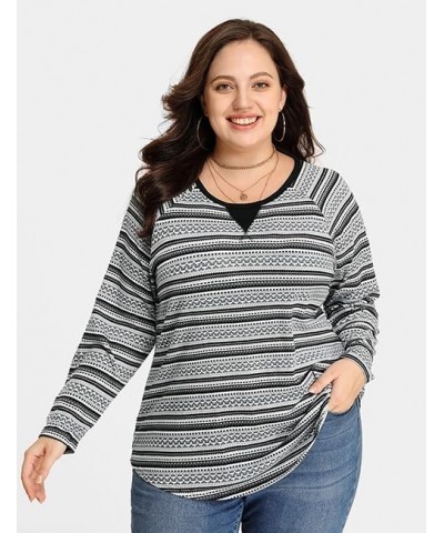 Plus Size Tops for Women Color Block Flower/Striped/Camo Crew Neck Long Sleeve Tee Shirt A557-black Striped $12.40 Sweaters