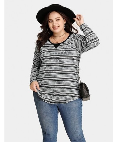 Plus Size Tops for Women Color Block Flower/Striped/Camo Crew Neck Long Sleeve Tee Shirt A557-black Striped $12.40 Sweaters