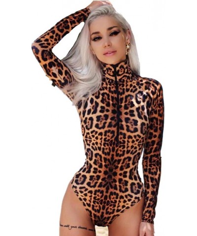 Women's Sexy Leopard Bodysuit Zipper Long Sleeve Jumpsuits One-Piece Swimwear Bodycon Leopard $10.59 Swimsuits