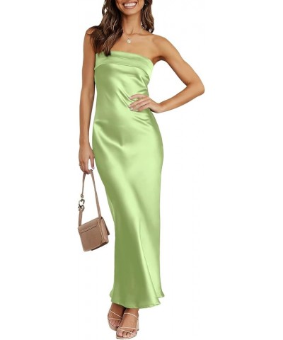 Women Summer Satin Strapless Tube Maxi Dress Sexy Backless Bodycon Elegant Wedding Guest Cocktail Maxi Dresses Light Green $2...