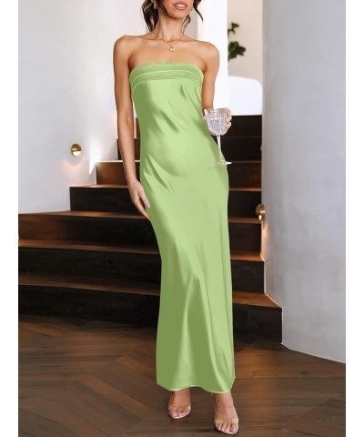 Women Summer Satin Strapless Tube Maxi Dress Sexy Backless Bodycon Elegant Wedding Guest Cocktail Maxi Dresses Light Green $2...