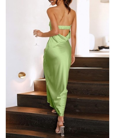 Women Summer Satin Strapless Tube Maxi Dress Sexy Backless Bodycon Elegant Wedding Guest Cocktail Maxi Dresses Light Green $2...