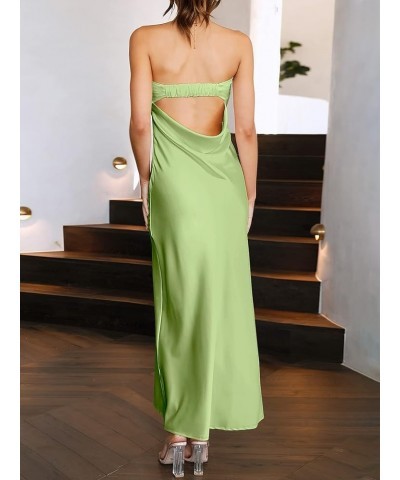 Women Summer Satin Strapless Tube Maxi Dress Sexy Backless Bodycon Elegant Wedding Guest Cocktail Maxi Dresses Light Green $2...