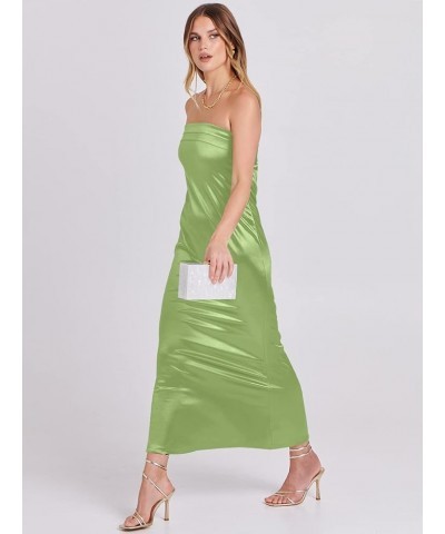 Women Summer Satin Strapless Tube Maxi Dress Sexy Backless Bodycon Elegant Wedding Guest Cocktail Maxi Dresses Light Green $2...