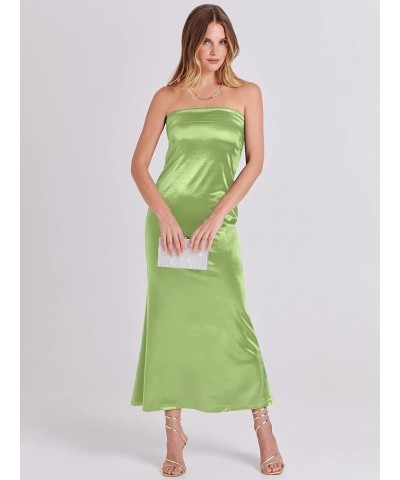 Women Summer Satin Strapless Tube Maxi Dress Sexy Backless Bodycon Elegant Wedding Guest Cocktail Maxi Dresses Light Green $2...