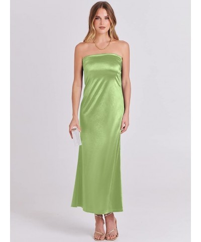 Women Summer Satin Strapless Tube Maxi Dress Sexy Backless Bodycon Elegant Wedding Guest Cocktail Maxi Dresses Light Green $2...